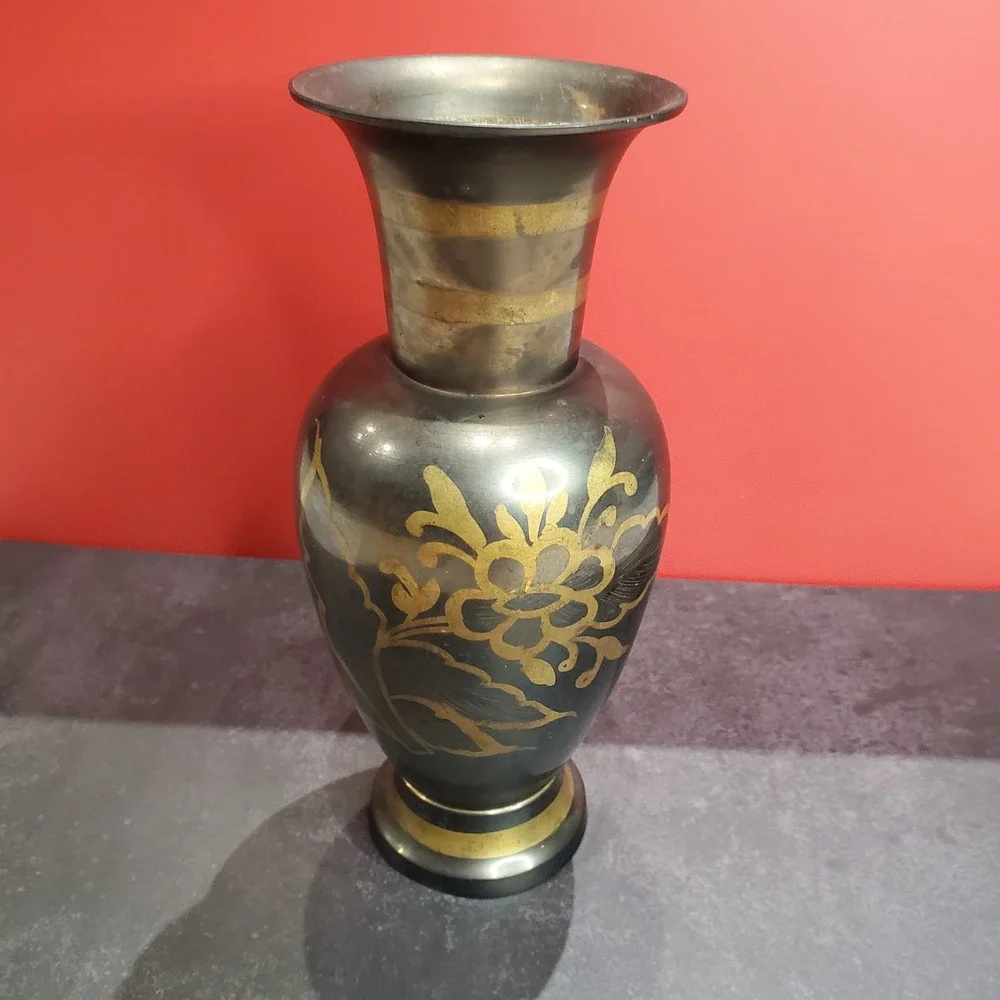 Vintage Hand-Etched‎ Black & Gold Brass Vase Made in India Mid-Century Decor